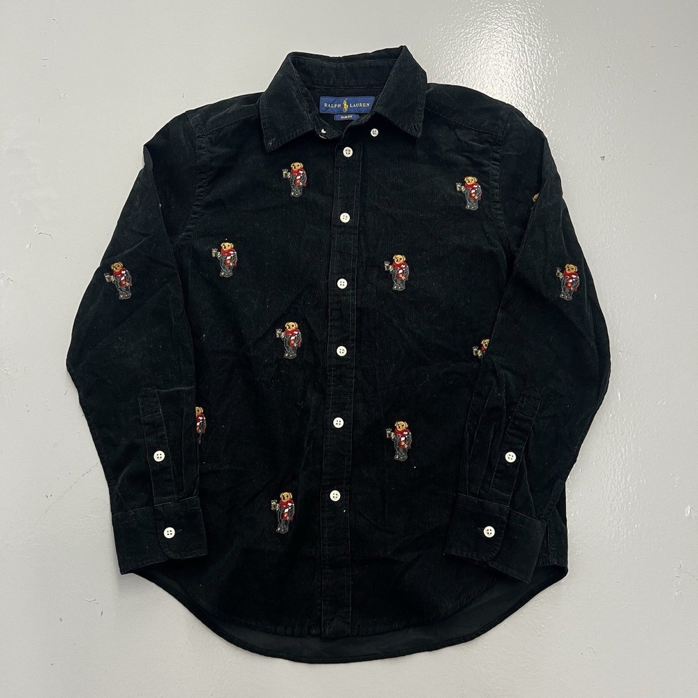 Ralph Lauren Mens Medium Black Corduroy Polo Bear Embroidered Slim Fit Shirt